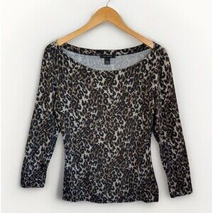 ST JOHN T Shirt Blouse Top M Leopard Print Boat Neck Rayon Spandex Comfy Stretch